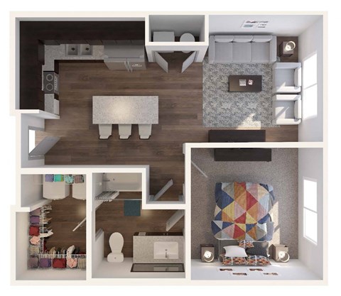 Floor plan for 1 bed, 1 bath, 654 sqft